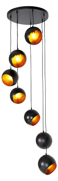 Závesné svietidlo čierne so zlatým vnútrom 7-svetlo - Crooked Cluster