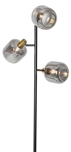 Stojaca lampa čierna so zlatom s dymovým sklom 3-svetlo - Zuzanna