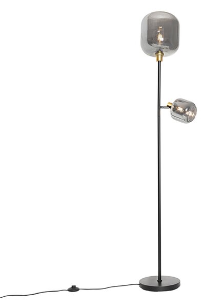 Stojaca lampa čierna so zlatom s dymovým sklom 2-svetlo - Zuzanna
