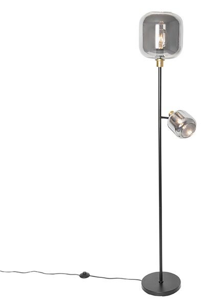 Stojaca lampa čierna so zlatom s dymovým sklom 2-svetlo - Zuzanna
