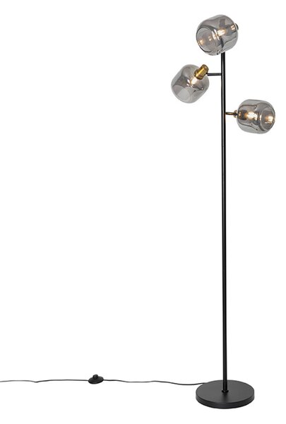 Stojaca lampa čierna so zlatom s dymovým sklom 3-svetlo - Zuzanna