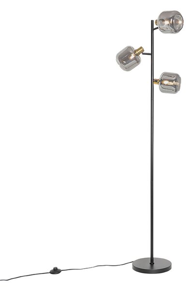 Stojaca lampa čierna so zlatom s dymovým sklom 3-svetlo - Zuzanna
