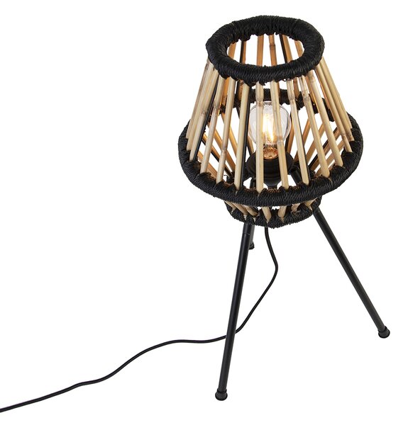 Rustikálna trojnohá stolová lampa bambusová s čiernou - Evalin