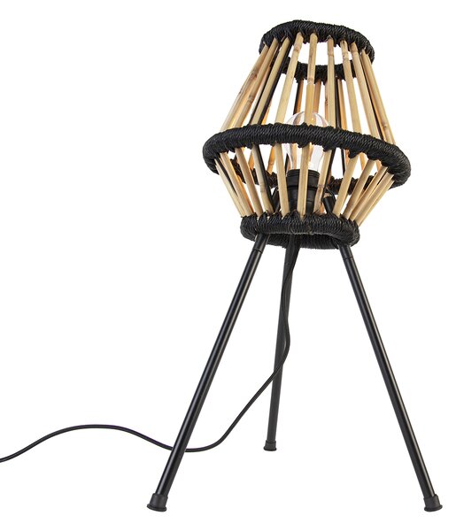 Rustikálna trojnohá stolová lampa bambusová s čiernou - Evalin