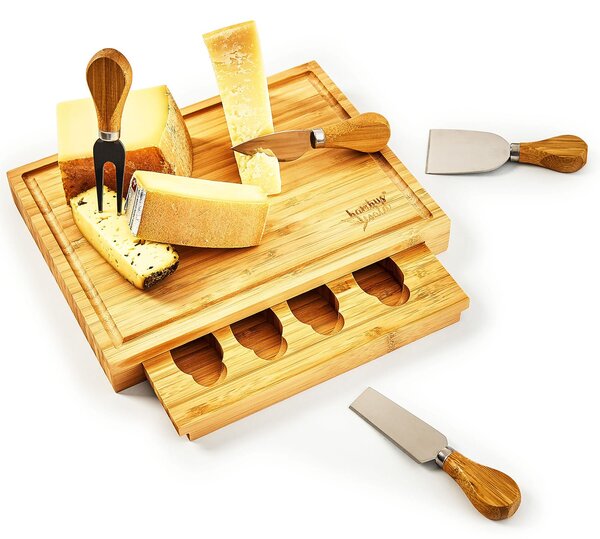 Klarstein Doska na syr so zásuvkou na nože, 25,2 x 3 x 19,5 cm (ŠxVxH), 4 špeciálne nože, jednoduchá údržba