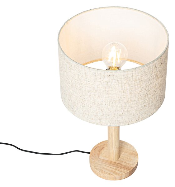 Rustikálna stolná lampa drevená s ľanovým tienidlom béžová 25 cm - Mels