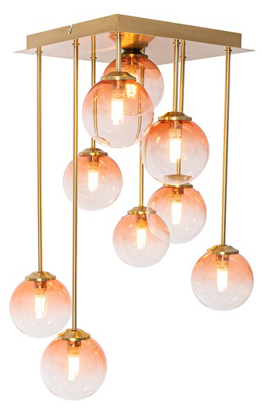 Art Deco stropné svietidlo zlaté s ružovým sklom 9-žiarovkové - Atény