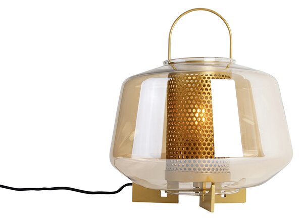 Stolná lampa v štýle Art Deco zlatá s jantárovým sklom 30 cm - Kevin