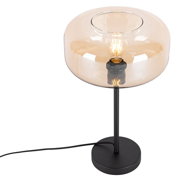 Art Deco stolná lampa čierna s jantárovým sklom - Bizle
