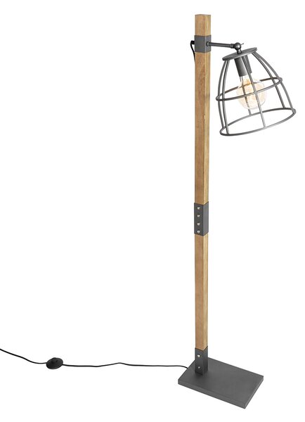 Priemyselná stojaca lampa tmavosivá s drevenými prvkami - Arthur