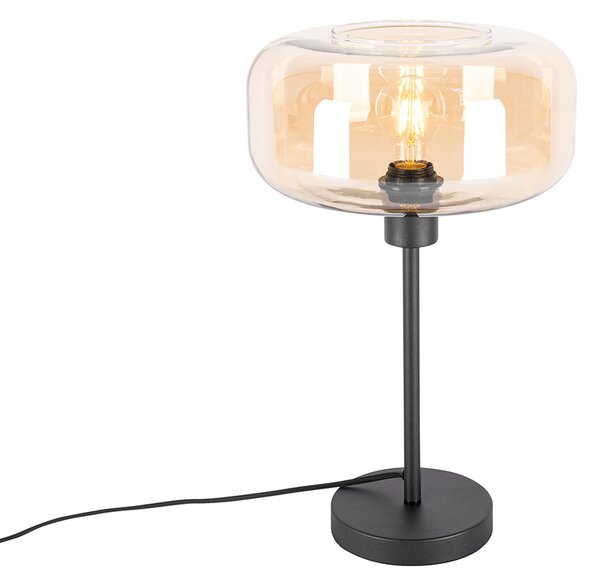 Art Deco stolná lampa čierna s jantárovým sklom - Bizle