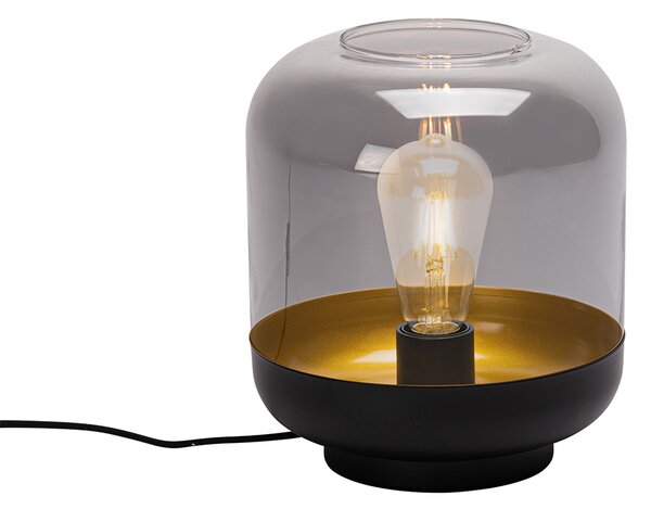 Dizajnová stolná lampa čierna so zlatom a dymovým sklom - Kyan