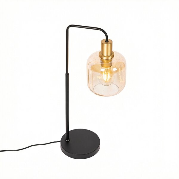 Dizajnová stolná lampa čierna s mosadzou a jantárovým sklom - Zuzanna