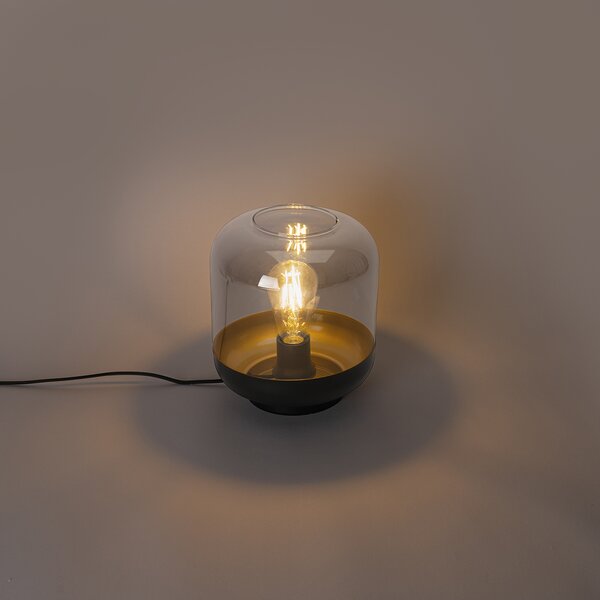 Dizajnová stolná lampa čierna so zlatom a dymovým sklom - Kyan