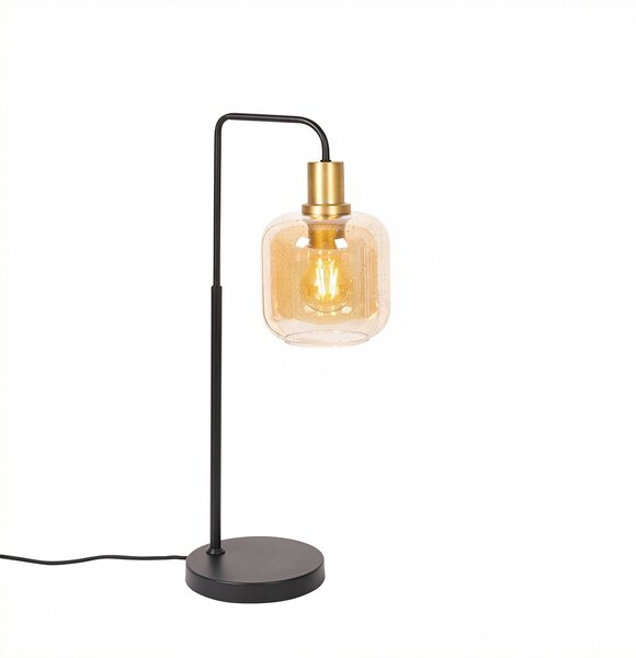 Dizajnová stolná lampa čierna s mosadzou a jantárovým sklom - Zuzanna
