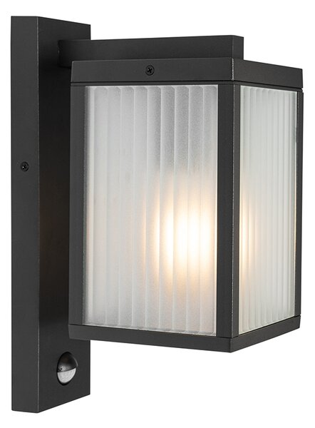 Vonkajšia nástenná lampa čierna s rebrovaným sklom a senzorom pohybu - Charlois