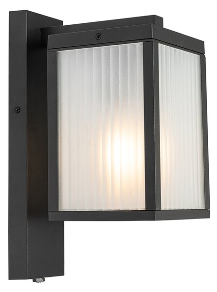 Vonkajšia nástenná lampa čierna s rebrovaným sklom a senzorom súmraku - Charlois