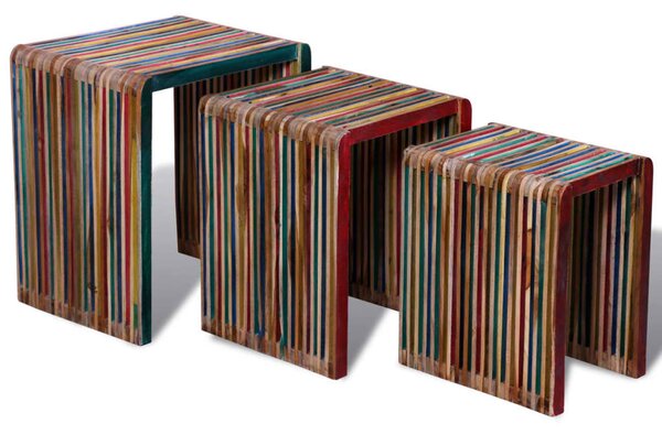 Stohovateľné stolíky, 3 kusy, farebné, recyklované tíkové drevo