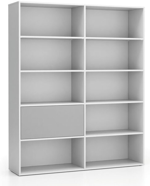 Široký kancelársky policový regál LAYERS, 1 box, 1582 x 400 x 1905, biela / sivá