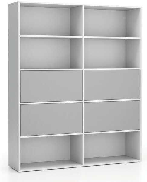 Široký kancelársky policový regál LAYERS, 4 boxy, 1582 x 400 x 1905, biela / sivá