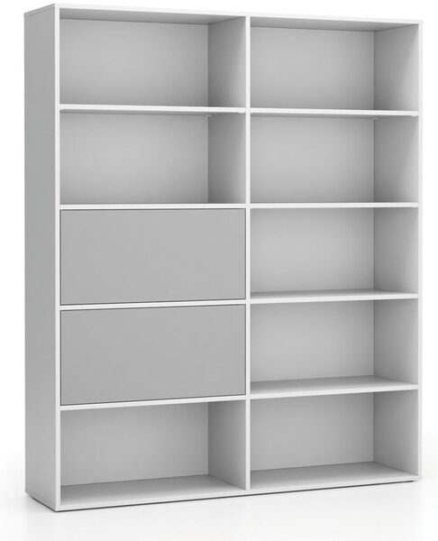 Široký kancelársky policový regál LAYERS, 2 boxy, 1582 x 400 x 1905, biela / sivá