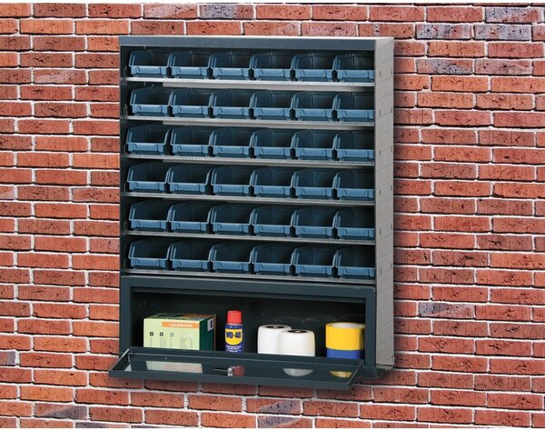 Závesný regál s plastovými boxmi BASIC a priehradkou, 36 boxov