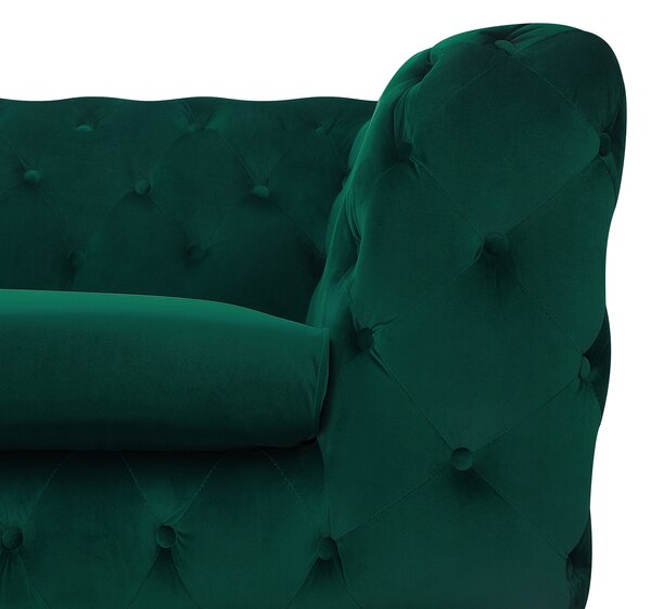 Pohovka zelená zamatové čalúnenie prešívanie s gombíkmi 3-miestna v štýle Chesterfield nízke operadlo retro glamour štýl obývačka