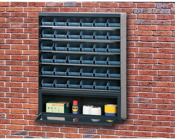 Závesný regál s plastovými boxmi BASIC a priehradkou, 9 boxov