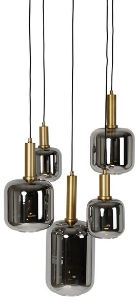 Závesná lampa čierna so zlatom a dymovým sklom vrátane 5 PUCC - Zuzanna