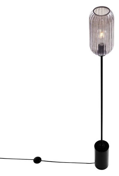 Art Deco stojaca lampa čierna s dymovým sklom - Rid