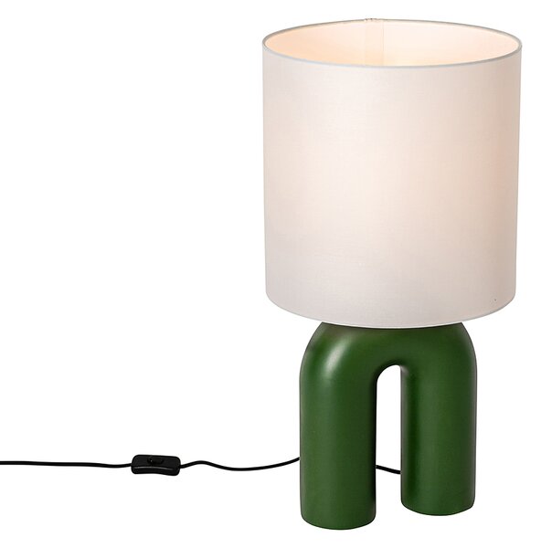 Dizajnová stolná lampa zelená s bielym ľanovým tienidlom - Lotti