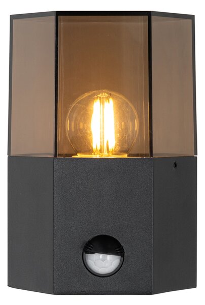 Vonkajšia nástenná lampa čierna s dymovým sklom hexagon a senzorom pohybu - Denmark
