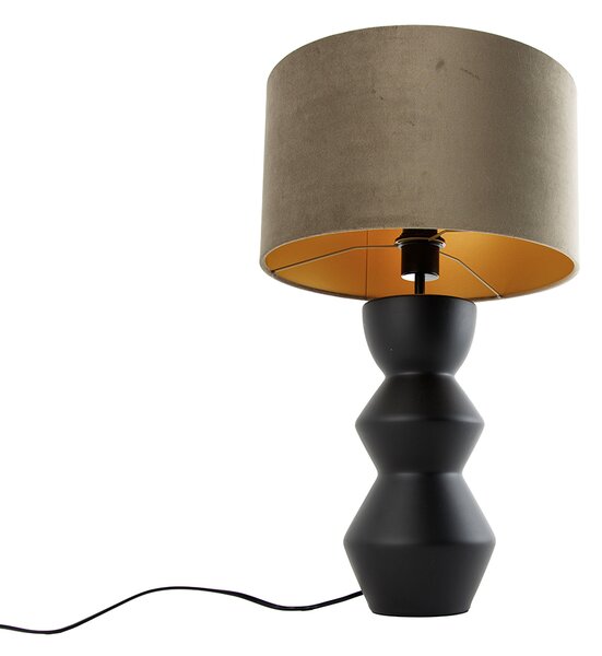 Dizajnová stolová lampa s čiernym zamatovým tienidlom taupe so zlatom 35 cm - Alisia