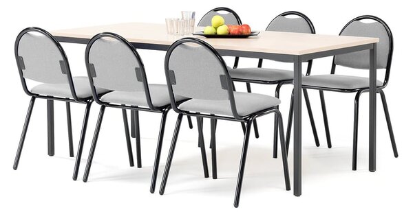 Jedálenská zostava: stôl 1800x800 mm, breza + 6 stoličiek, šedá/čierna