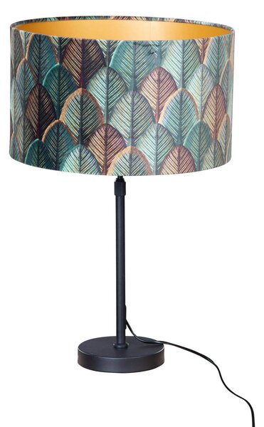 Stolová lampa čierna s plyšovým tienidlom s dizajnom listov a zlatým vnútorným priestorom - Parte