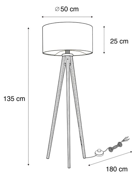 Stojacia lampa orechové drevo s čiernym tienidlom so zlatým interiérom 50cm - Tripod Classic