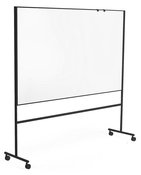 Biela magnetická tabuľa s kolieskami EMMA, obojstranná, 2000x1200 mm, čierny rám