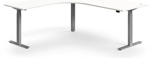 Výškovo nastaviteľný stôl FLEXUS, rohový, 2000x2000 mm, strieborný rám, biela
