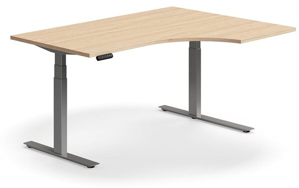 Výškovo nastaviteľný stôl QBUS, rohový, 1600x1200 mm, strieborný rám, dub