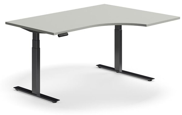 Výškovo nastaviteľný stôl QBUS, rohový, 1600x1200 mm, čierny rám, svetlošedá