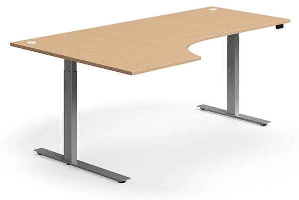 Výškovo nastaviteľný stôl FLEXUS, rohový, 2000x1200 mm, strieborný rám, buk