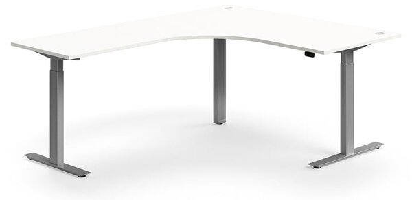 Výškovo nastaviteľný stôl FLEXUS, rohový, 1600x2000 mm, strieborný rám, biela