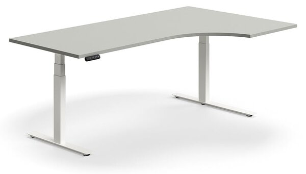 Výškovo nastaviteľný stôl QBUS, rohový, 2000x1200 mm, biely rám, svetlošedá