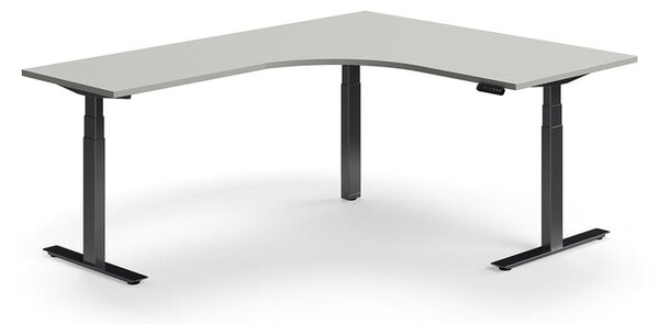 Výškovo nastaviteľný stôl QBUS, rohový, 1600x2000 mm, čierny rám, svetlošedá