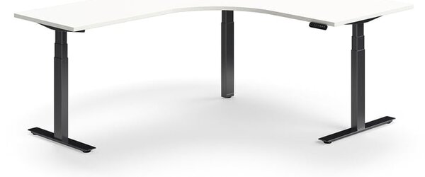 Výškovo nastaviteľný stôl QBUS, rohový, 1600x2000 mm, čierny rám, biela