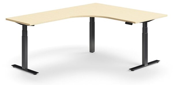 Výškovo nastaviteľný stôl QBUS, rohový, 1600x2000 mm, čierny rám, breza