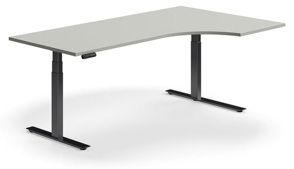 Výškovo nastaviteľný stôl QBUS, rohový, 2000x1200 mm, čierny rám, svetlošedá
