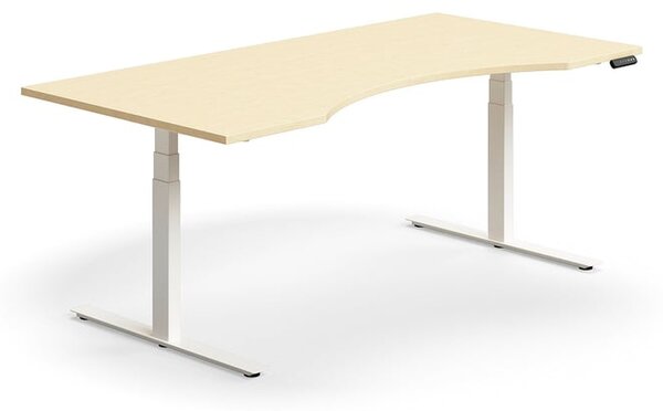 Výškovo nastaviteľný stôl QBUS, s výrezom, 2000x1000 mm, biely rám, breza