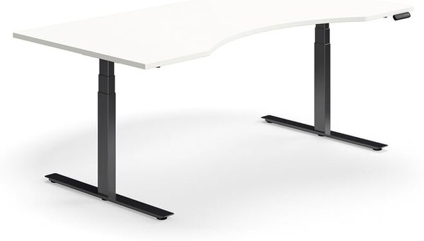 Výškovo nastaviteľný stôl QBUS, s výrezom, 2000x1000 mm, čierny rám, biela