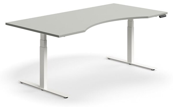 Výškovo nastaviteľný stôl QBUS, s výrezom, 2000x1000 mm, biely rám, svetlošedá